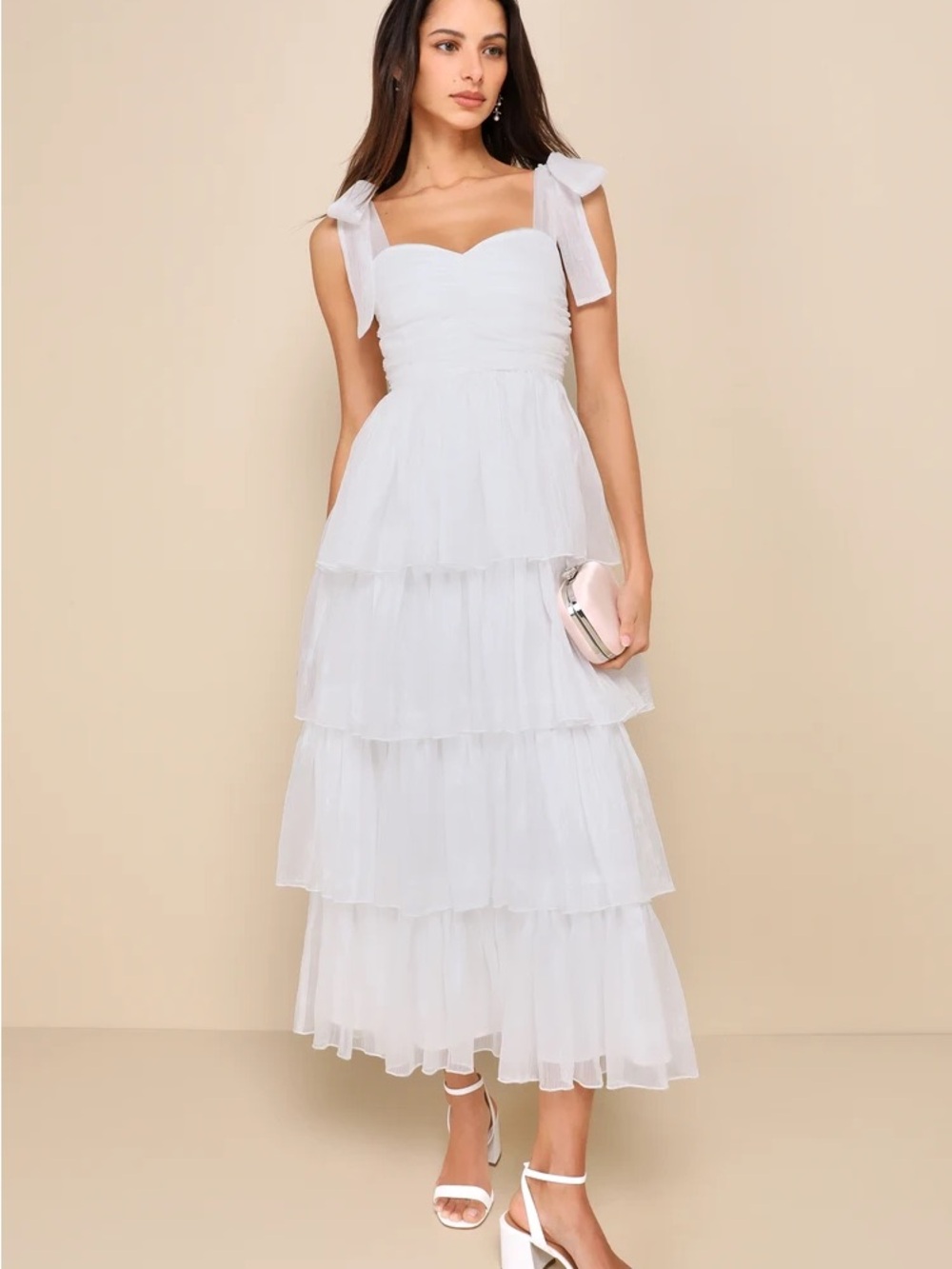 Lulus White Tiered Midi Dress with Bow Shoulder Straps
